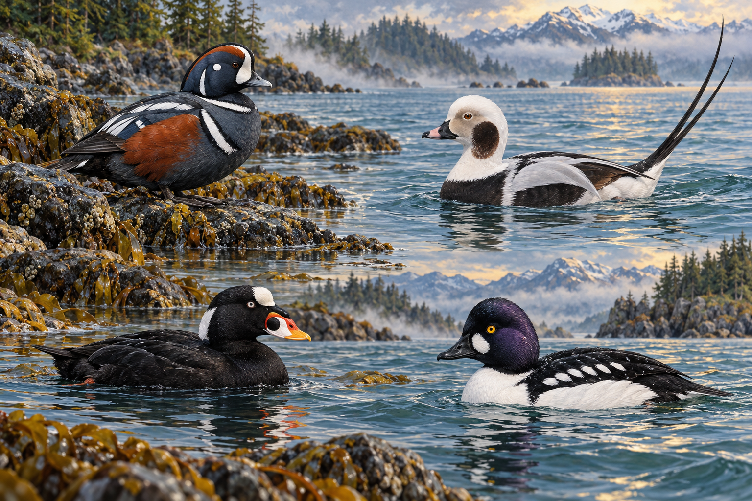 Illustrated coastal collage of a harlequin duck at upper left, long-tailed duck at upper right, surf scoter at lower left and goldeneye at lower right